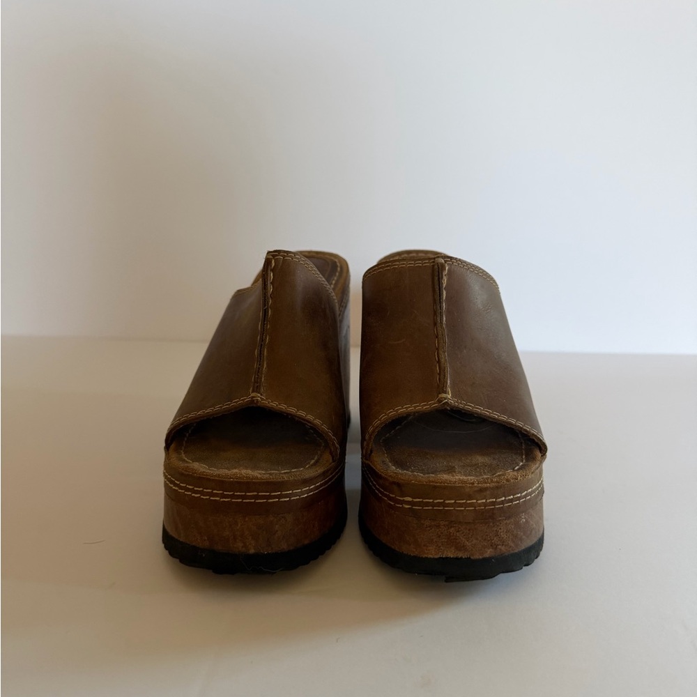 Candie's Brown Leather Slide Platform Sandals